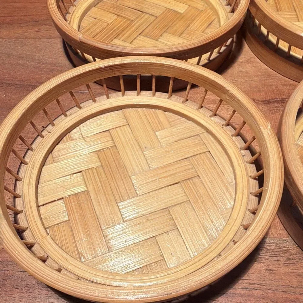 MCM/Rustic Bamboo Woven Round Coaster & Holder Set of 6 Stackable with Rack